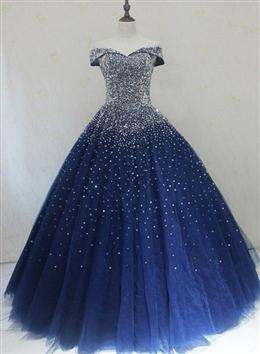 Picture of Blue Sparkle Off Shoulder Ball Party Dresses , Handmade Beaded Party Dresses